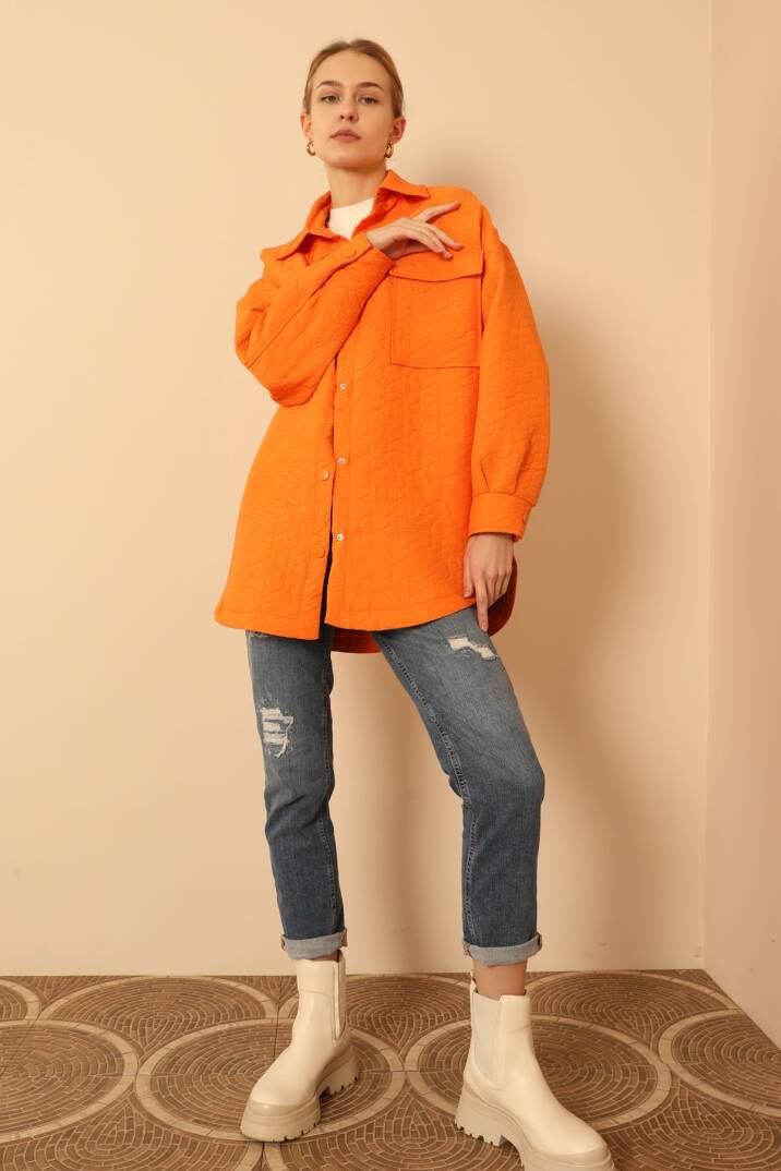 Jakar Kumaş Geometrik Desen Oversize Kadın Gömlek-Oranj - 3