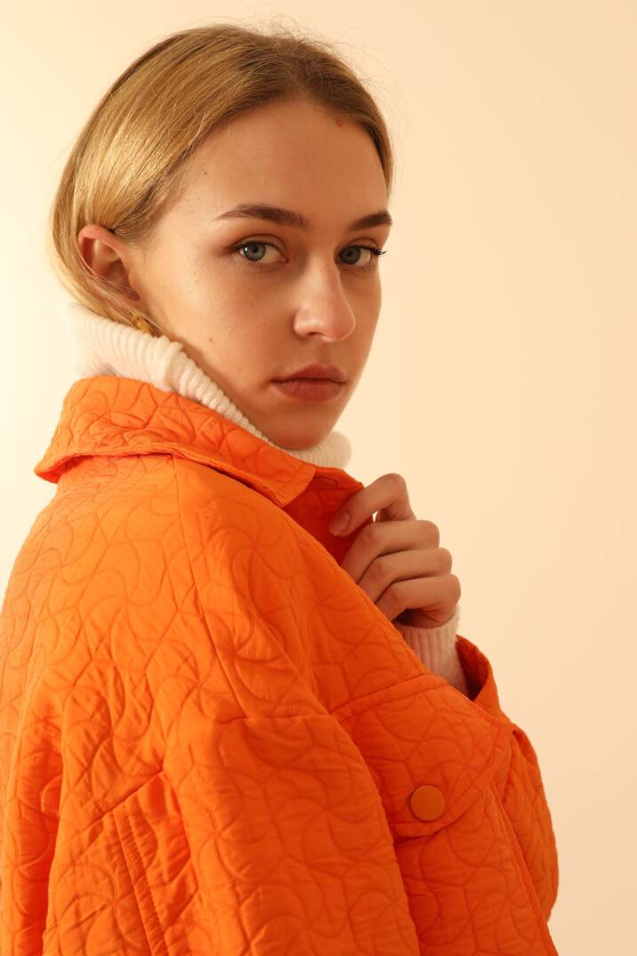 Jakar Kumaş Geometrik Desen Oversize Kadın Gömlek-Oranj - 4