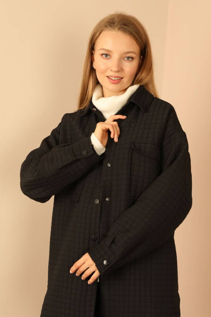 Jakar Kumaş Küçük Kare Desen Oversize Kadın Gömlek-Siyah - 2