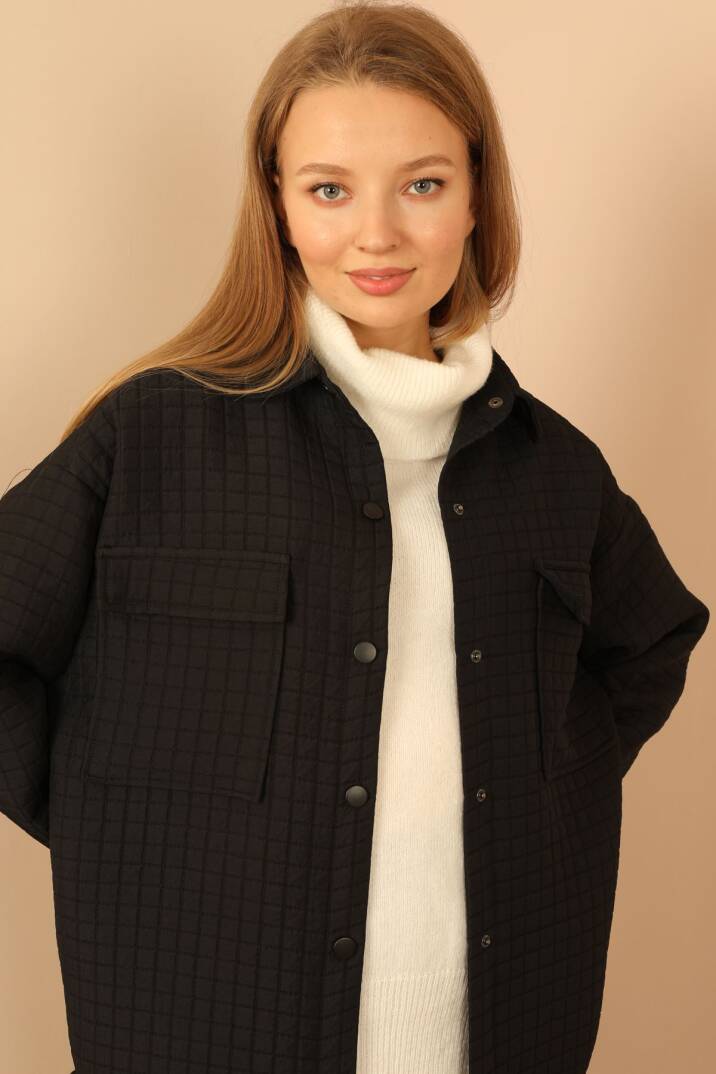 Jakar Kumaş Küçük Kare Desen Oversize Kadın Gömlek-Siyah - 3