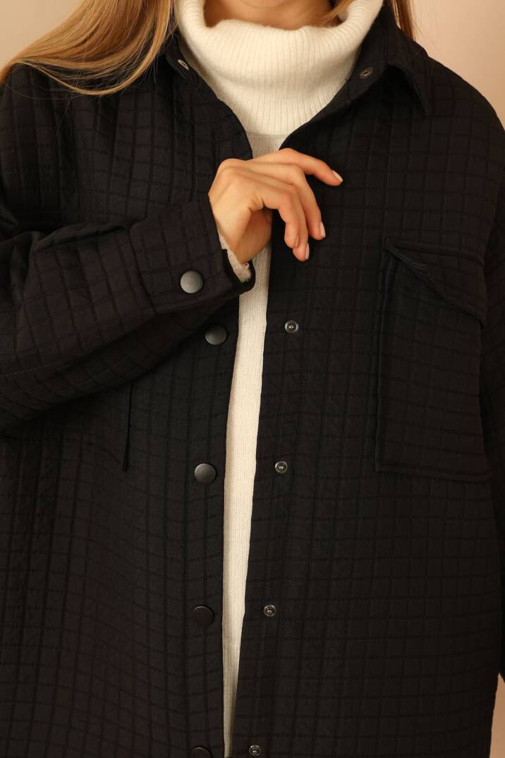 Jakar Kumaş Küçük Kare Desen Oversize Kadın Gömlek-Siyah - 4