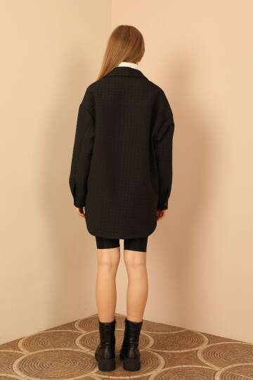 Jakar Kumaş Küçük Kare Desen Oversize Kadın Gömlek-Siyah - 5