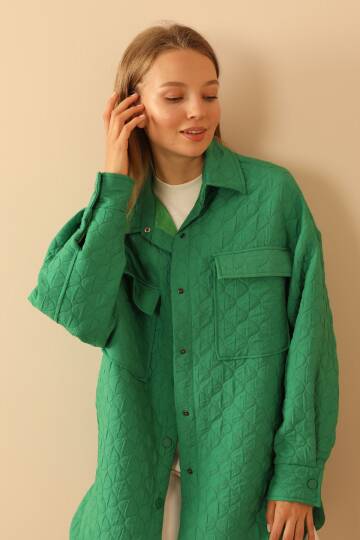 Jakar Kumaş Soğan Desen Kapitone Oversize Kadın Gömlek-Yeşil - 2