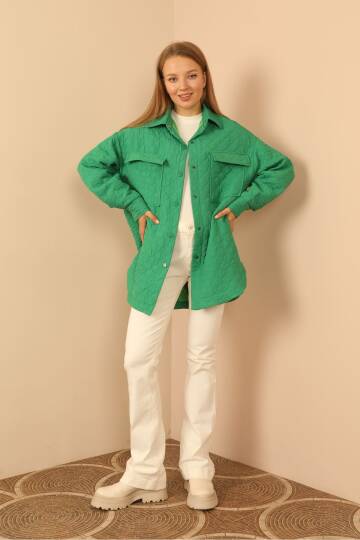 Jakar Kumaş Soğan Desen Kapitone Oversize Kadın Gömlek-Yeşil - 3