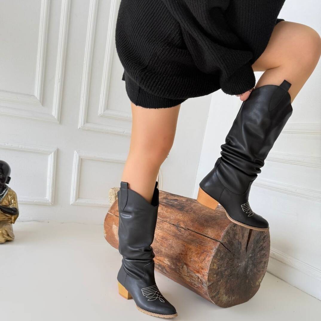 Jeoni Siyah Cilt Topuklu Çizme - 4