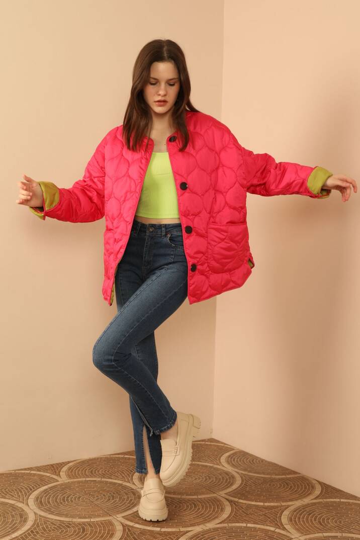 Jesica Kumaş  Soğan Desen Kapitone Kadın Mont-FUŞYA - 1