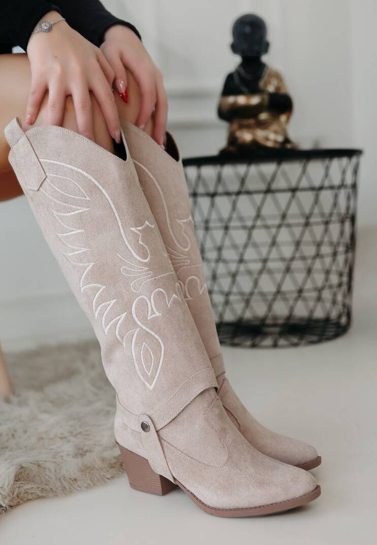 Jilla Bej Süet Tak Çıkar Topuklu Bot Ve Çizme - 1