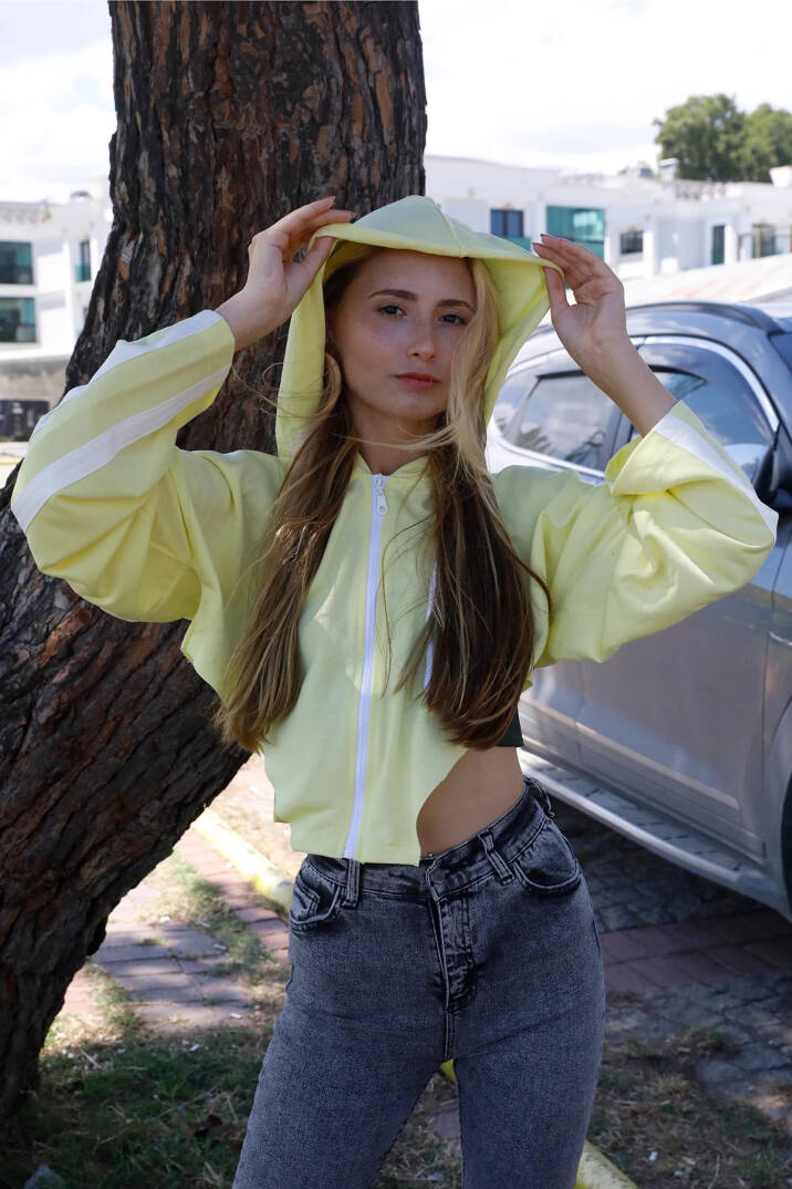 Kapşonlu Yan Dekolteli Sweat Sarı - P-019669 - 2