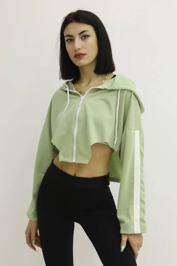 Kapşonlu Yan Dekolteli Sweat Yeşil - P-019669 - 1
