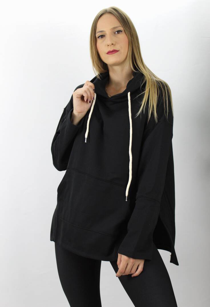 Kapşonlu Yan Yırtmaçlı Sweat Siyah - 21R1178 - 2