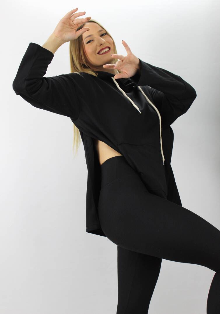 Kapşonlu Yan Yırtmaçlı Sweat Siyah - 21R1178 - 3