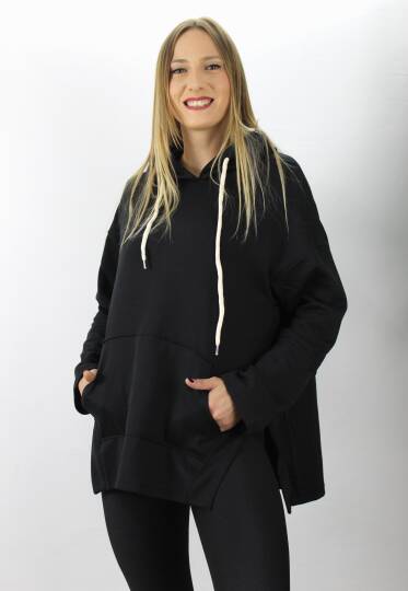 Kapşonlu Yan Yırtmaçlı Sweat Siyah - 21R1178 - 5