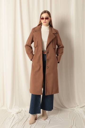 Kaşe Kumaş Allerli Kadın Taba Kaban - 5