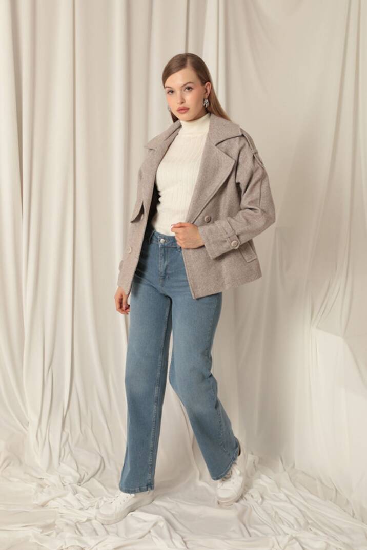 Kaşe Kumaş Balıksırtı Desen Kısa Kadın Vizon Kaban - 4