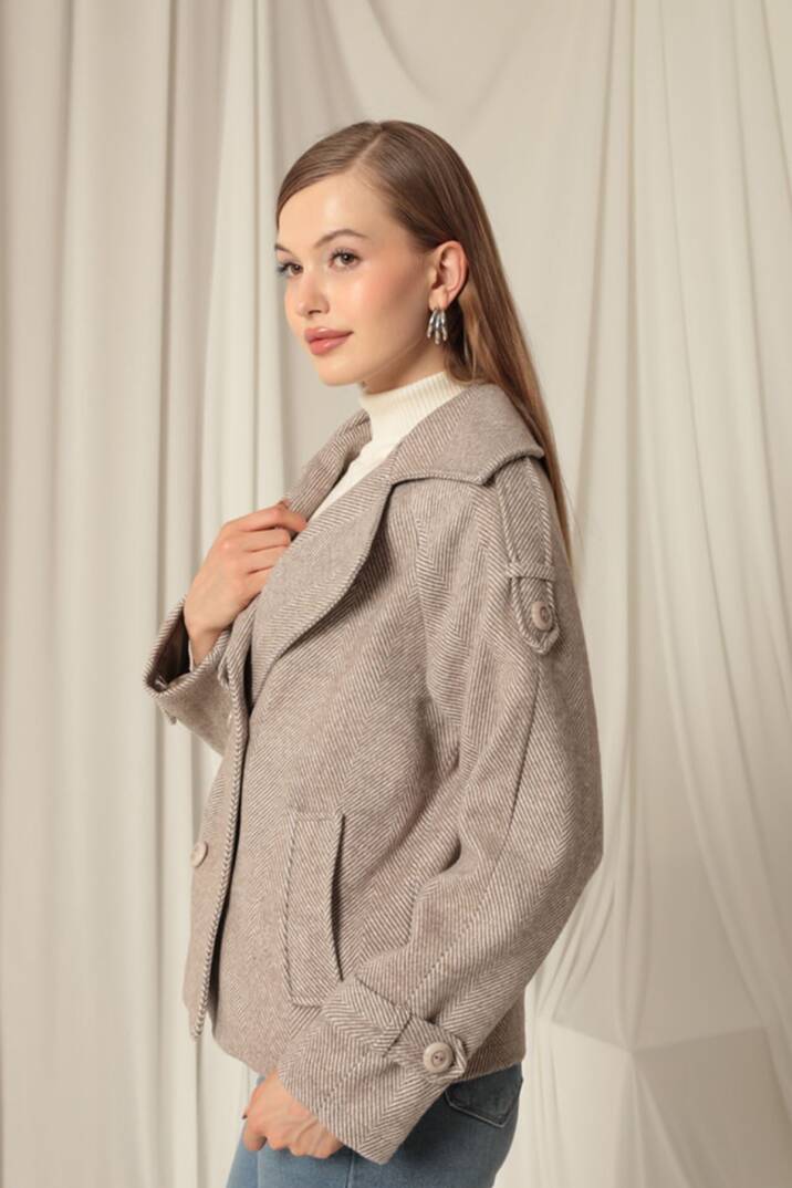 Kaşe Kumaş Balıksırtı Desen Kısa Kadın Vizon Kaban - 5