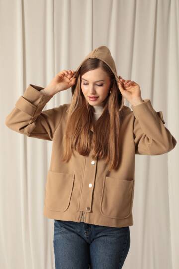 Kaşe Kumaş Kapüşonlu Kısa Kadın Vizon Kaban - 5