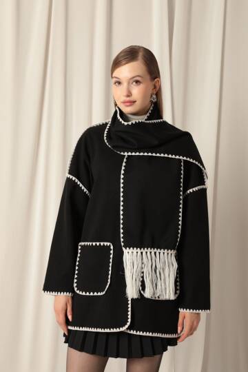 Kaşe Kumaş Karyokalı Kadın Siyah/Ekru Tasarım Ceket - 2