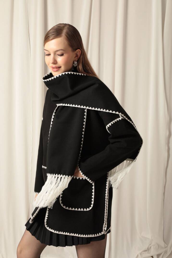 Kaşe Kumaş Karyokalı Kadın Siyah/Ekru Tasarım Ceket - 3