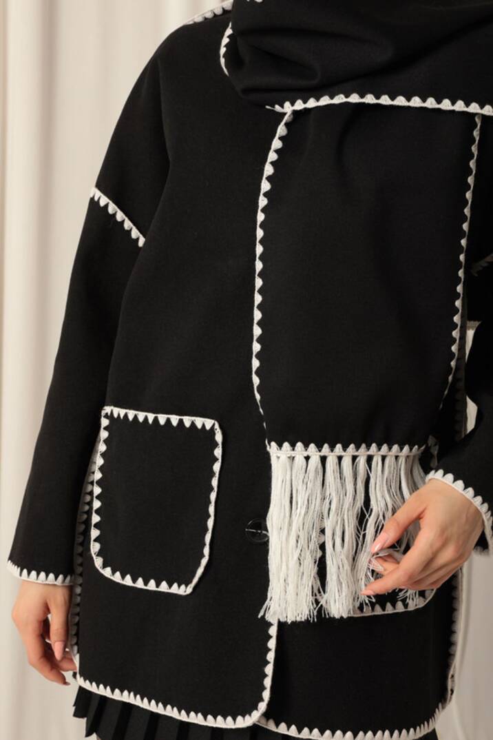 Kaşe Kumaş Karyokalı Kadın Siyah/Ekru Tasarım Ceket - 4