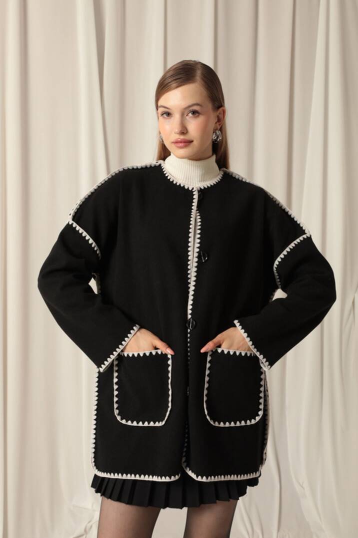 Kaşe Kumaş Karyokalı Kadın Siyah/Ekru Tasarım Ceket - 5