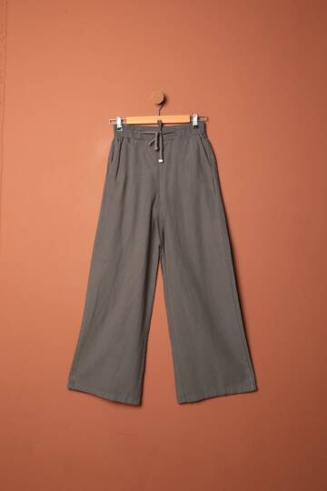 Keten Kumaş Bol Paça Kadın Pantolon-Antrasit