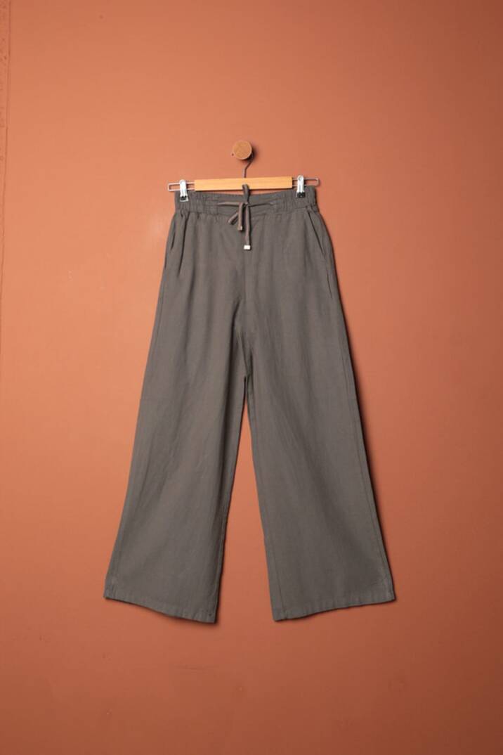 Keten Kumaş Bol Paça Kadın Pantolon-Antrasit - 1