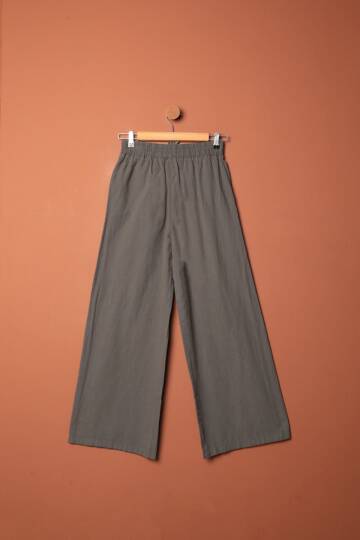 Keten Kumaş Bol Paça Kadın Pantolon-Antrasit - 2