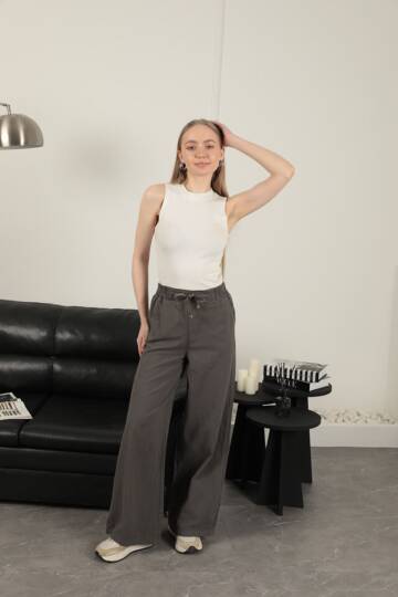 Keten Kumaş Bol Paça Kadın Pantolon-Antrasit - 3