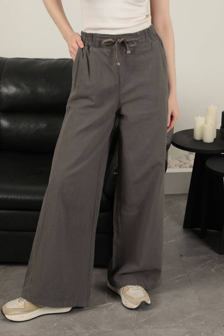 Keten Kumaş Bol Paça Kadın Pantolon-Antrasit - 5