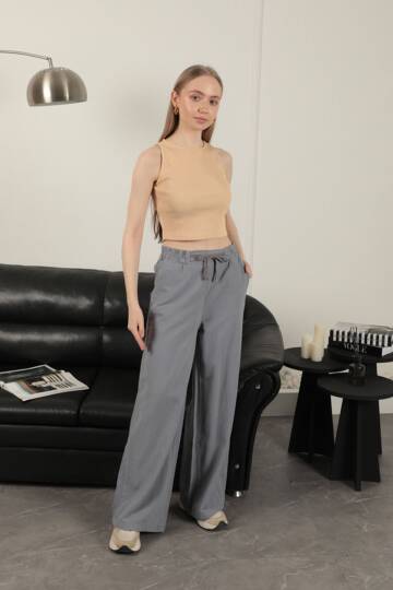 Keten Kumaş Bol Paça Kadın Pantolon-Gri - 3