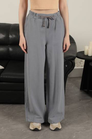 Keten Kumaş Bol Paça Kadın Pantolon-Gri - 5