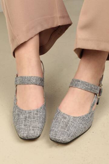 Keten Tokalı Kadın Topuklu Ayakkabı-Gri - 2