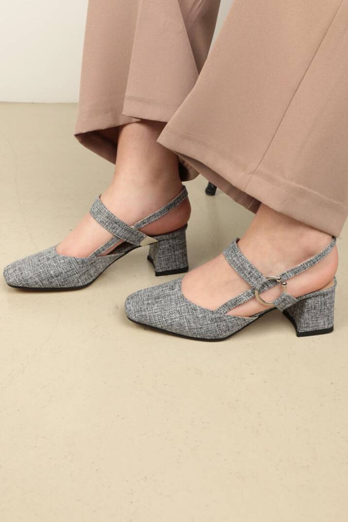 Keten Tokalı Kadın Topuklu Ayakkabı-Gri - 3
