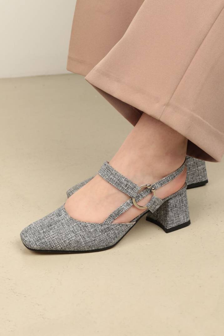 Keten Tokalı Kadın Topuklu Ayakkabı-Gri - 4