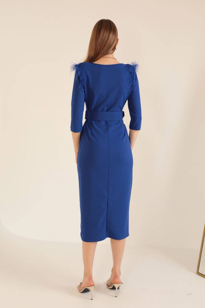 Krep Kumaş Anvelop Kadın Elbise-Saks - 2