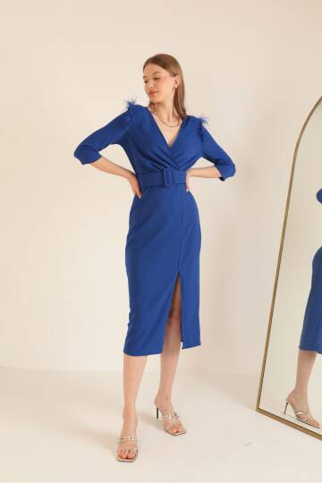 Krep Kumaş Anvelop Kadın Elbise-Saks - 3