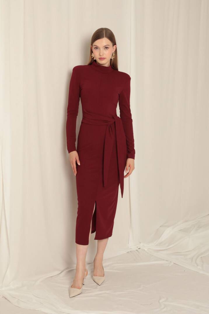 Krep Kumaş Bağlamalı Bordo Elbise - 1