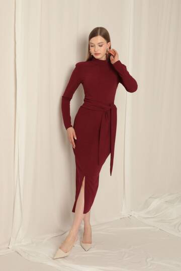 Krep Kumaş Bağlamalı Bordo Elbise - 2