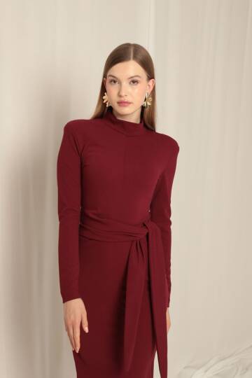 Krep Kumaş Bağlamalı Bordo Elbise - 3