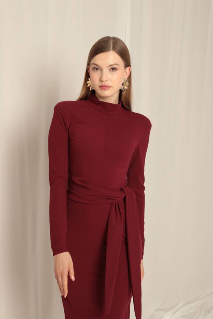 Krep Kumaş Bağlamalı Bordo Elbise - 3