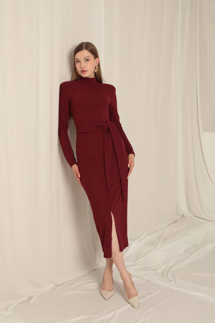 Krep Kumaş Bağlamalı Bordo Elbise - 4