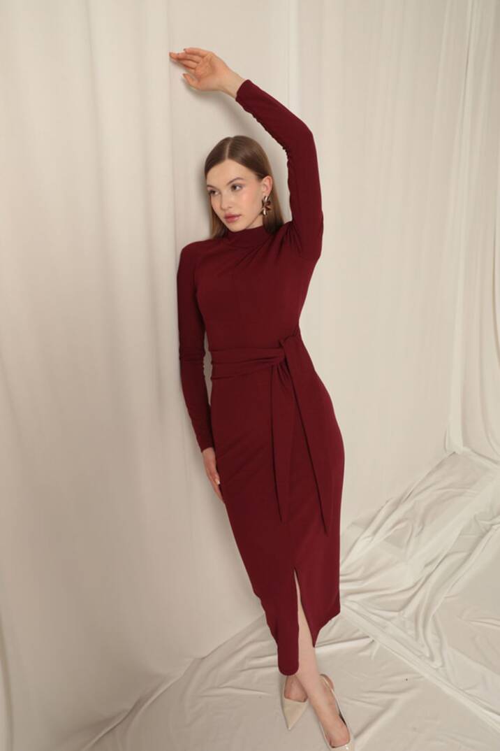 Krep Kumaş Bağlamalı Bordo Elbise - 5