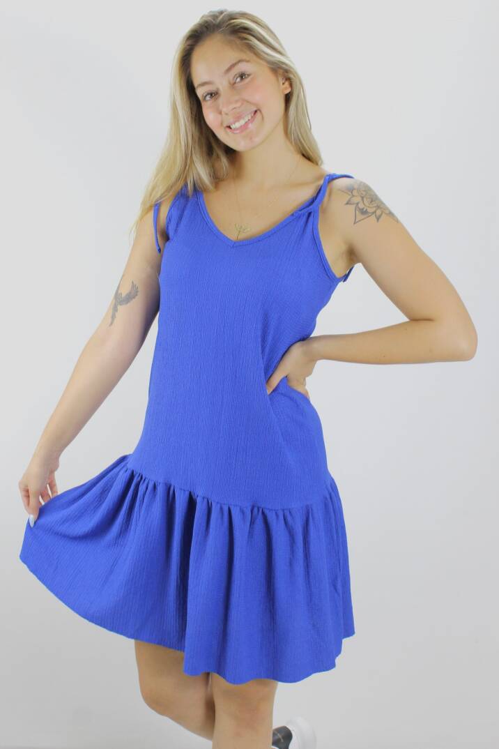 Krinkıl İp Askılı Elbise Mavi - 1456.65 - 1