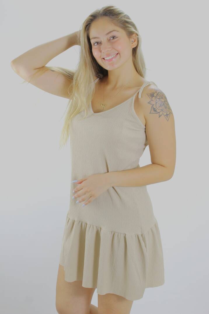 Krinkıl İp Askılı Elbise Vizon - 1456.65 - 1