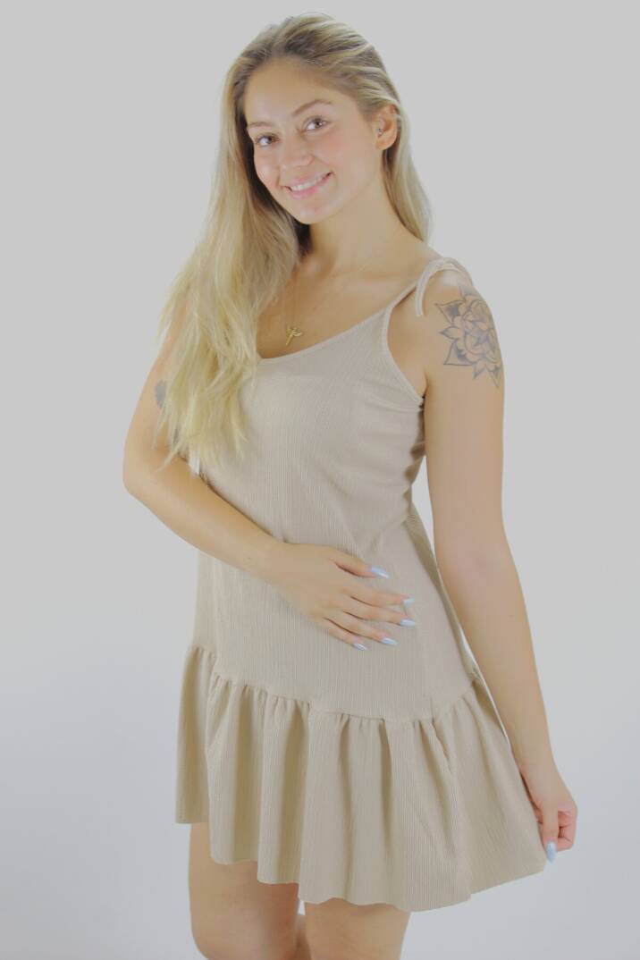 Krinkıl İp Askılı Elbise Vizon - 1456.65 - 2