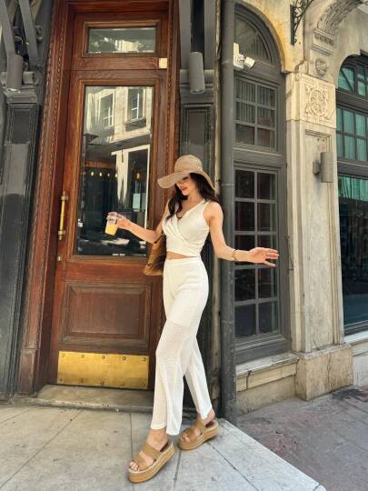 Kruvaze Yaka Crop Bluz Ve Detaylı Pantolon Triko  İkili Takım