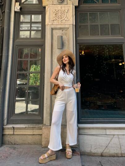 Kruvaze Yaka Crop Bluz Ve Detaylı Pantolon Triko  İkili Takım - 3