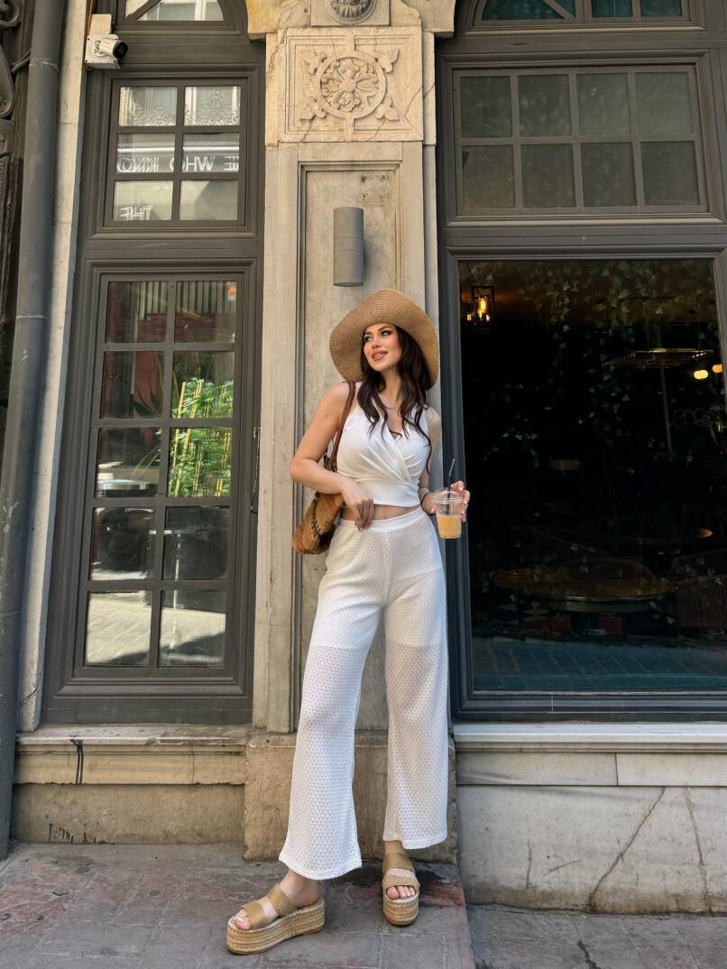 Kruvaze Yaka Crop Bluz Ve Detaylı Pantolon Triko  İkili Takım - 3