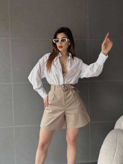 Kuş Gözü Kemerli Geniş Paçalı Mom Şort - 5