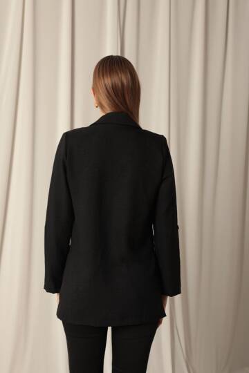Melanj Keten Kumaş Kadın Siyah Ceket - 5